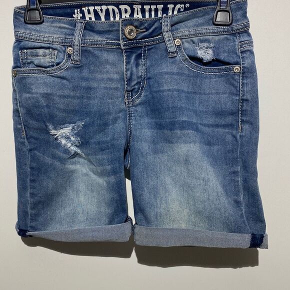 Hydraulic Women's Blue Distressed Embroidered Cuffed Denim Bermuda Shorts Size 0 - Picture 1 of 8